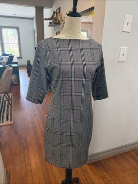 Joan Vass Gray Plaid Sheath Dress with Red Pinstripes